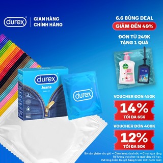 Durex Jeans cơ bản, bôi trơn, size 52.5mm, hộp 3 bao