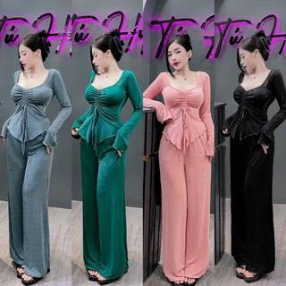 Sét bộ đồ áo tay dài rút dây kèm quần ống rộng sang trọng chất thun ánh nhũ dày dặn co giản thoải mái