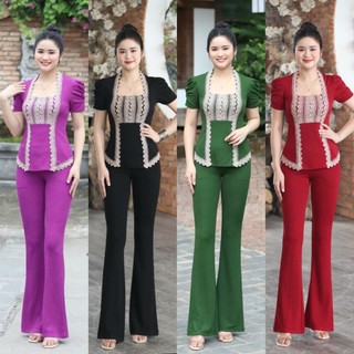 Sét bộ đồ dự tiệc thiết kế cổ chữ U phối Ren kèm quần ống Loe và ôm cực kì sang trọng