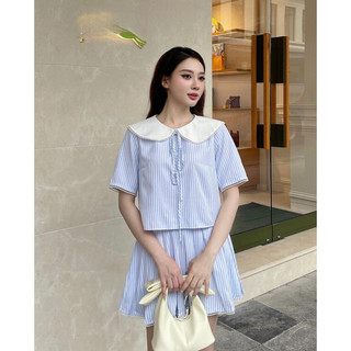 Set kẻ cổ sen viền bèo chân váy xoè skcsvb