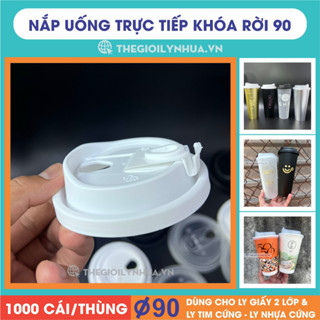 100 Nắp uống trực tiếp 90, nắp uống trực tiếp có nút khóa gắn rời dùng cho ly giấy 2 lớp và ly nhựa cứng hàng nhập khẩu