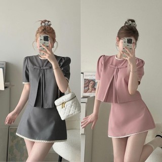 Set áo nơ ngực viền ren mix chân váy chữ A có lót quần 2 màu siêu xinh
