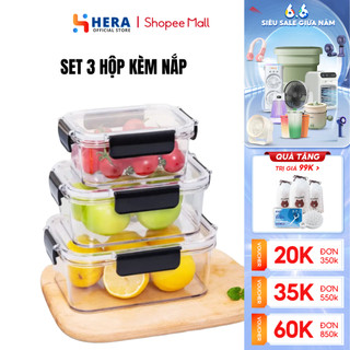 Set 3 hộp đựng thực phẩm trong suốt hình vuông GODWELL cao cấp đa năng có nắp đậy nhựa PP cao cấp