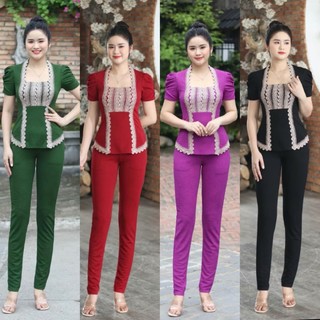 Sét bộ thun xốp nhật tay lỡ cổ U tay dúng phối ren kèm quần ống loe và ôm đi tiệc sang trọng