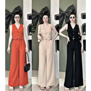 Sét bộ đồ thiết kế kiểu SOMI cổ V sát nách dây kéo trước kèm quần ống rộng sang trọng chất vải mango dày dặn