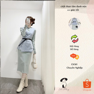 Set bộ áo khoác gile phối đầm len midi dáng dài