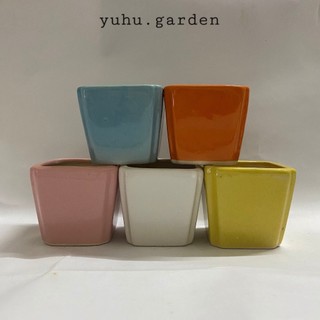 Chậu sứ vuông vát / Chậu sứ tráng men - chậu mini trồng sen đá, xương rồng