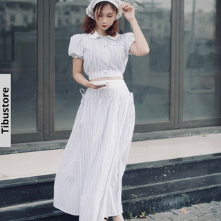 Set Áo Croptop Sơ Mi Cổ Bèo Kẻ Sọc Phối Chân Váy Dài Thắt Nơ TIBU Set Đồ Nữ Hai Món Đi Chơi Đi Làm Tiểu Thư Xinh Xắn