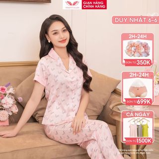 Đồ bộ mặc nhà Pijama lụa cao cấp mùa Hè VINGO tay ngắn quần dài dáng eo tim hồng chữ love H1063 VNGO