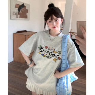 2024 Local brand Focus Cute áo thun xám tiêu tay ngắn in Mùa hè áo phông nữ đẹp cổ tròn form rộng 100%cotton