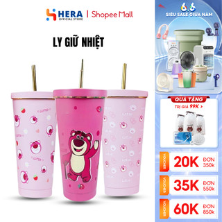 Ly Giữ Nhiệt Gấu Dâu 750ML SUS 304 Tặng Kèm ống hút và Túi, Inox Cao Cấp GODWELL