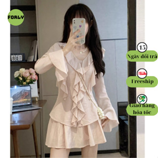 Set áo váy Forly phối bèo chiết eo siêu nữ tính, set bộ đồ nữ thu đông cúc ngọc