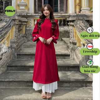 Set áo dài hoa thêu Forly áo dài đỏ kèm chân váy voan xoè dài, áo dài tết 2024 T026
