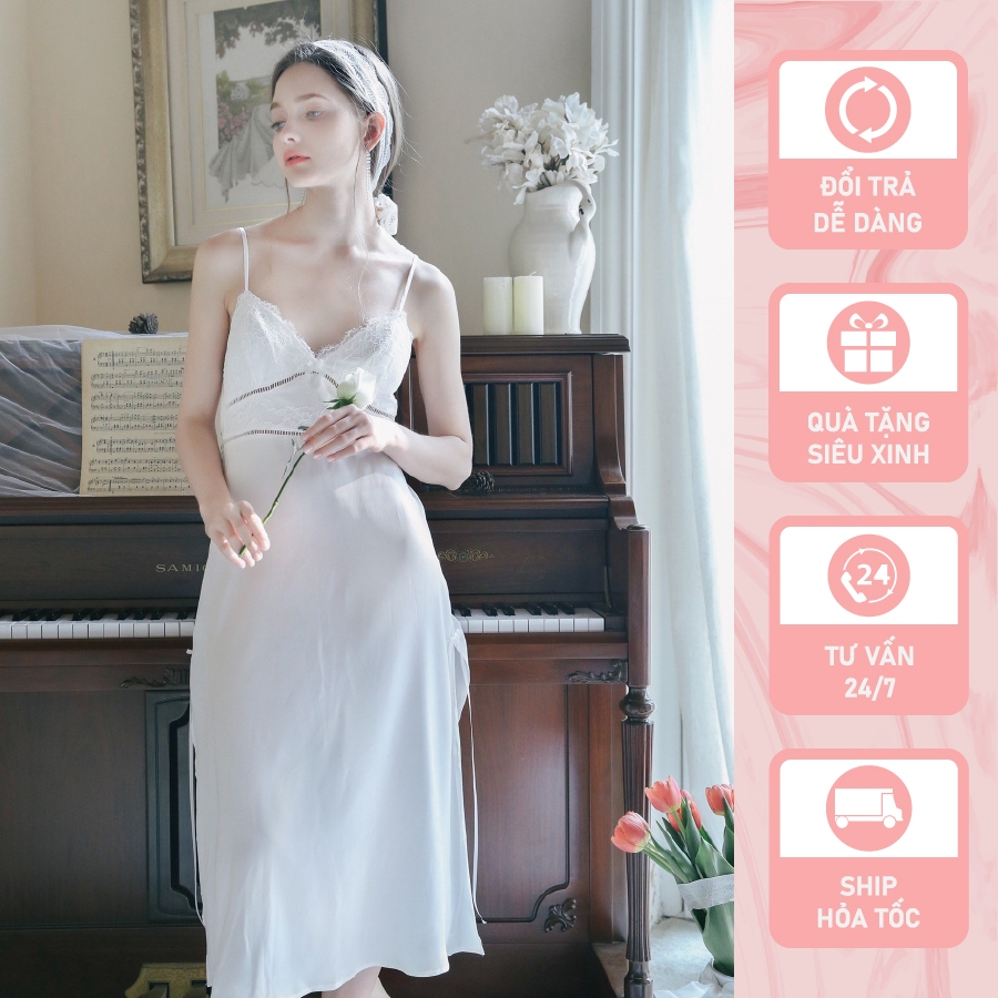 Đầm ngủ lụa thiết kế cao cấp 2 dây trắng