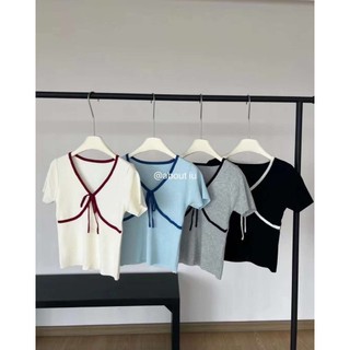 Ap1343 - áo len cổ v mix màu nơ