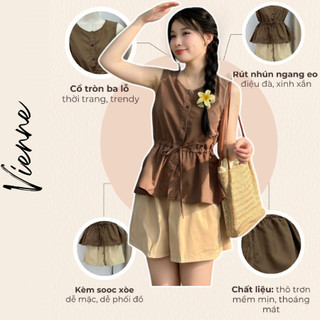 Set Đồ Bộ Áo Ba Lỗ Cổ Tròn Rút Dây Kèm Quần Sooc Chất Thô Trơn Dáng Xòe Vienne V13, Set Đồ Mùa Hè Nữ