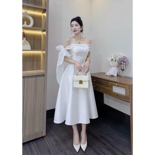 ĐẦM TAPTA DỰ TIỆC, VÁY THIẾT KẾ TRỄ VAI BUỘC NƠ TAY DÁNG XÒE TÙNG SANG CHẢNH, ĐẦM TRẮNG BẸT VAI THANH LỊCH NHÃ NHẶN