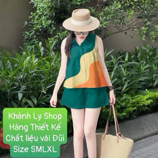 Sét bộ nữ.bộ đi biển sát nách quần đùi.bộ đồ đồng phục chất vải đũi phối thô kaki,hàng thiết kế.size SMLXL.khánh ly shop