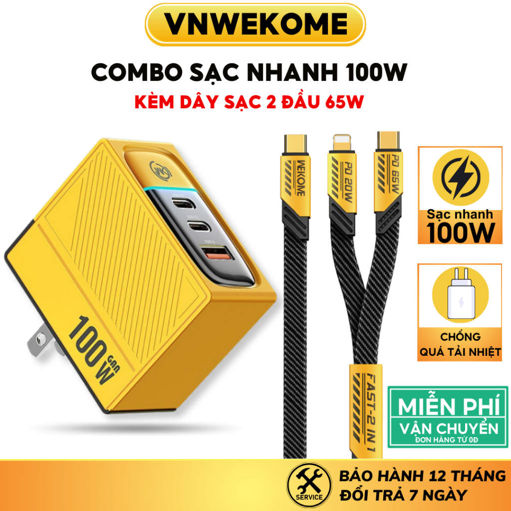 Combo Bộ sạc nhanh 100W 3 cổng VNWekome Công nghệ Gan kèm dây cáp dù 2 đầu 65W cho Smartphone laptop Mac