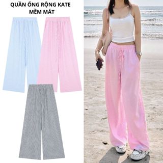 Calem Club Quần dài Kẻ Sọc ống rộng lưng chun dây rút vải kate form suông unisex mùa hè đi biển GONZ