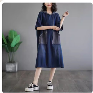 B41 Đầm bigsize chất jean có mũ sau cá tính