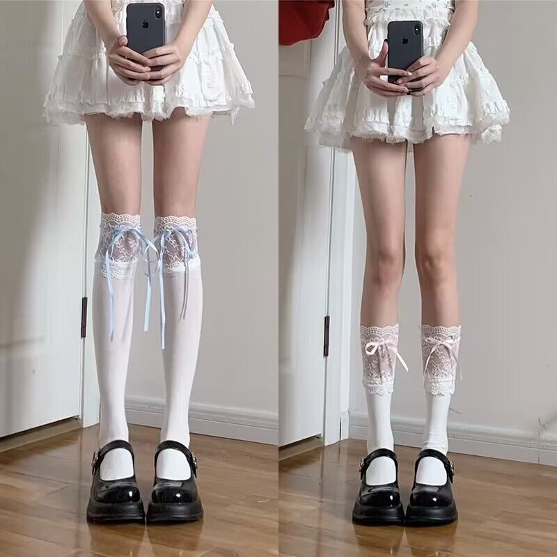 Tất Đùi Phối Ren Đính Nơ Ruy Băng Phong Cách Lolita Đáng Yêu, Tất Vớ Bắp Chân Thun Cotton JK Cosplay