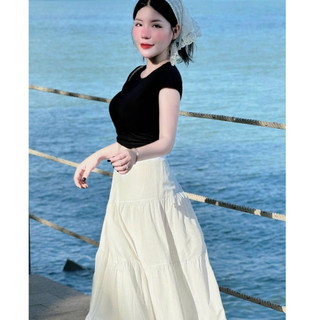 Set váy đi chơi thời trang nữ sang chảnh chất áo thun tăm cổ tròn tay ngắn váy lụa lưng thun dáng chữ A dài maxi