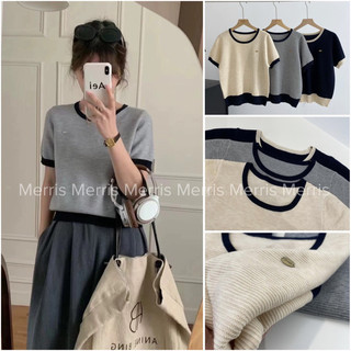A031 - Áo len dệt kim ngắn tay cổ tròn phối viền phong cách HQ