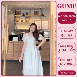 Váy bầu bigsize - Đầm bầu thiết kế GuMe màu trắng dáng babydoll cổ vuông tay cộc chất vải đũi hàn 2 lớp MB215