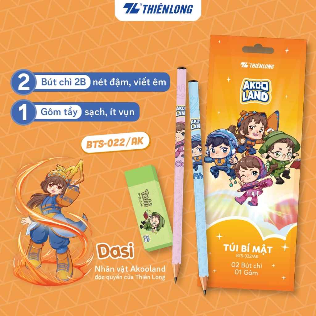 Bộ 2 bút chì và gôm Thiên Long BTS-022/AK - Nhân vật Akooland thế giới học cụ thần kỳ - Mẫu ngẫu nhi