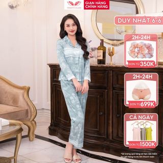 Đồ bộ mặc nhà Pijama lụa cao cấp mùa Hè VINGO tay dài quần dài dáng eo tranh thuỷ mặc xanh H1092 VNGO