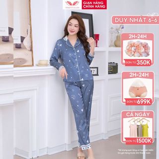 Đồ bộ mặc nhà Pijama lụa cao cấp mùa Hè VINGO tay dài quần dài dáng eo Smile xanh thanh lịch H1093 VNGO