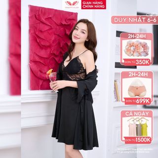 Set Áo Choàng Ngủ Kèm Váy 2 Dây Lụa VINGO Tay Dài Phối Ren Sexy M165 VNGO