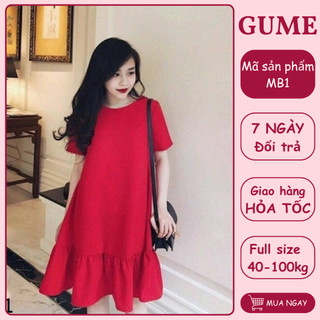 Váy bầu bigsize - Đầm bầu thiết kế GuMe màu Đỏ dáng Đuôi Cá cổ tròn tay cộc chất vải đũi Hàn size từ 40-100kg - MB1