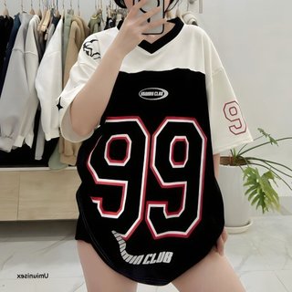 Áo phông cổ V số 99 phối , áo thun nam nữ form rộng tay lỡ,hnn.