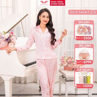Đồ bộ mặc nhà Pijama lụa vân gỗ mùa Xuân VINGO tay dài quần dài dáng eo thỏ hồng dễ thương H1072 VNGO