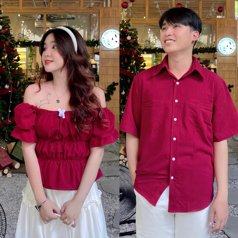 Cặp Áo Đôi Nam Nữ Cùng Người Yêu Aó Sơ Mi Và Áo Trễ Vai Kết Hợp Váy Nhún Nơ 4 Tầng Chất Vải Đũi Mát Đi Du Lịch