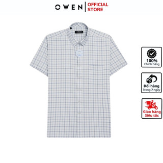 Áo sơ mi ngắn tay nam OWEN AB240027NT somi công sở cao cấp chất nano màu xám nhạt kẻ caro dáng body fit tà bằng có túi