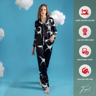 Pyjama cổ điển tay dài quần dài in hoạ tiết cáo FEPRIL Pearl Fox Pyjamas silk set