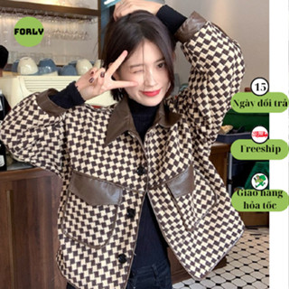 Áo khoác dạ tweed phối da Forly Áo khoác dạ dáng ngắn tay dài họa tiết kẻ caro FG007