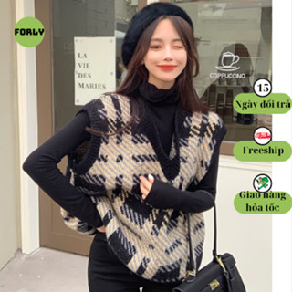 Áo gile cổ V len lông thỏ Forly hoạ tiết kẻ sọc cá tính FG053