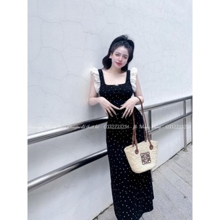 Đầm body nữ cánh tiên chấm bi cổ vuông , váy maxi nữ nơ ngực dáng dài