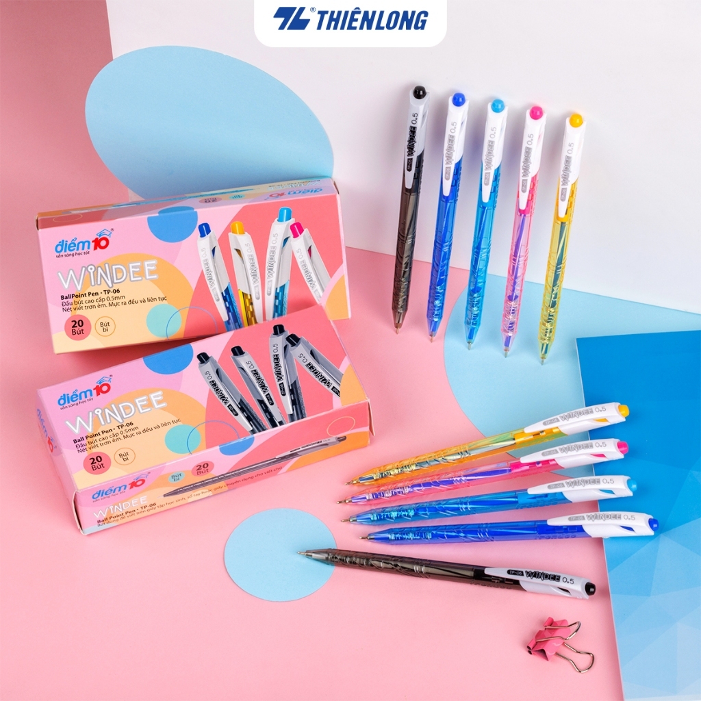 Combo 20 Bút bi Thiên Long TP-06 ngòi 0.5mm - Bút bi mực xanh/đen dạng bấm cò, có vân cầm tay giảm t