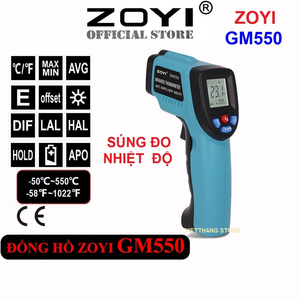Súng Bắn Đo Nhiệt Độ Lazer Từ Xa ZOYI GM550 Đo Nhiệt Độ Tới 550 Độ Khoảng Cách 12:1 Hàng Chính Hãng 