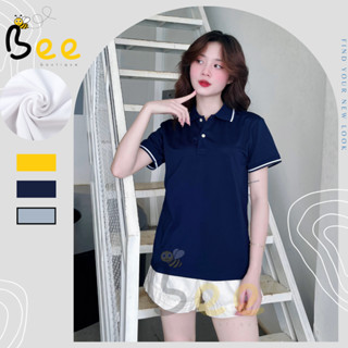 Áo thun nữ POLO BEE cổ bẻ trụ tay ngắn phối 1 sọc basic phông màu xanh đen trơn vải cá sấu cao cấp công sở