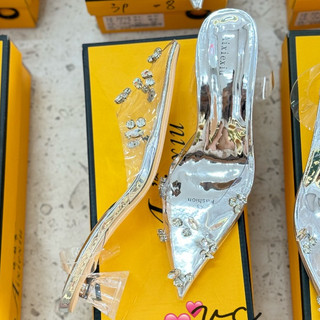 Sandal mika mũi nhọn gót tròn đính đá 5cm fullbox - cerihouse