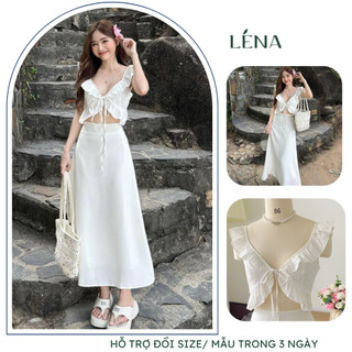  set áo croptop xô bèo tay cánh tiên và châ váy midi chữ A đi chơi đi biển dạo phố LENA 3104 