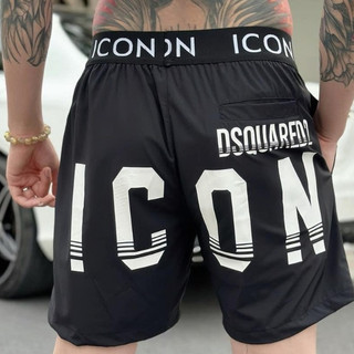 Quần short gió nam Dsq2 đen in chữ ICON trắng cạp chun, 2 lớp dây thắt lót lưới thoáng mát cao cấp