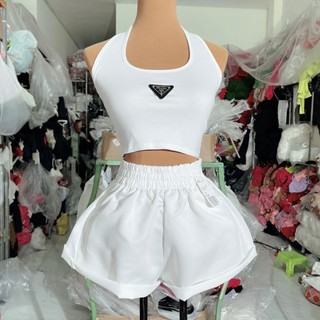 [Kèm Video] Set bộ áo yếm choàng cố đính logo tam giác quấn short ống rộng lưng thun bảng to TU