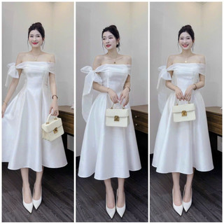 Đầm tiểu thư trễ vai chất tapta cứng trên vai cột nơ xòe dư tiệc sang chảnh